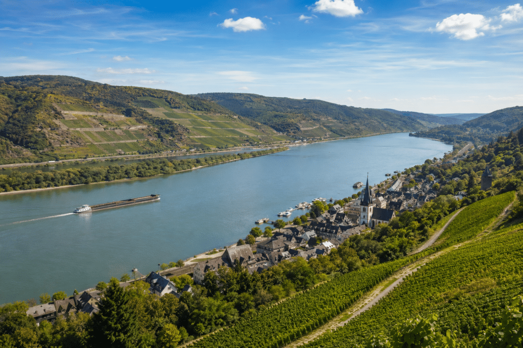 Der Rhein im Mittelrheintal mit Weinbergen, historischem Ort und Frachtschiff