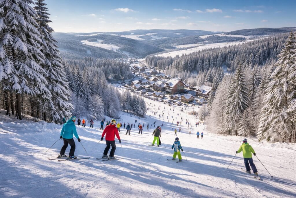 Skifahrer auf verschneiter Piste im Sauerland bei Winterberg mit Blick auf winterliche Wälder und Hügel