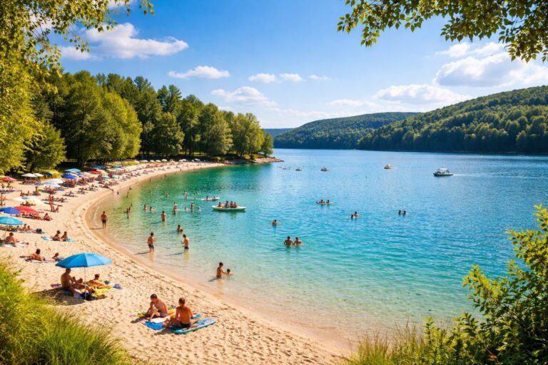 Badesee in NRW mit Sandstrand, klarem Wasser und Menschen beim Baden im Sommer