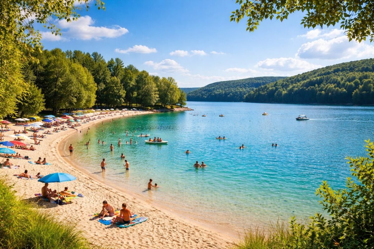 Badesee in NRW mit Sandstrand, klarem Wasser und Menschen beim Baden im Sommer