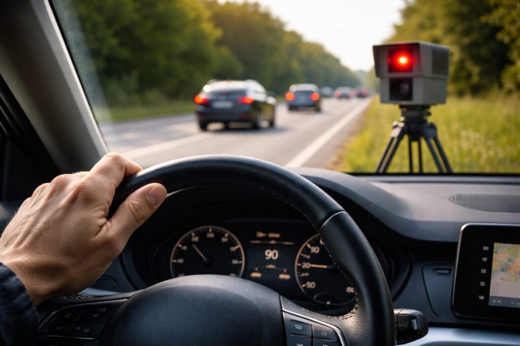 Fahrerperspektive im Auto mit Blick auf mobilen Blitzer am Straßenrand