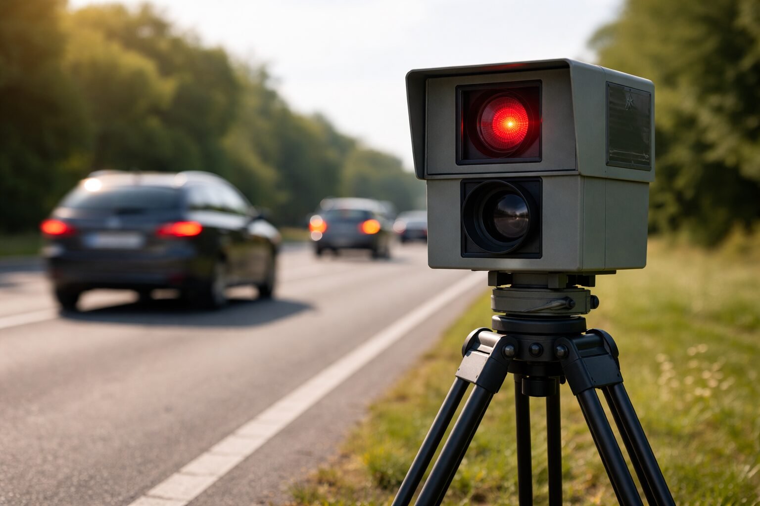 Mobiler Blitzer am Straßenrand misst Geschwindigkeit von Autos beim Blitzermarathon NRW 2026