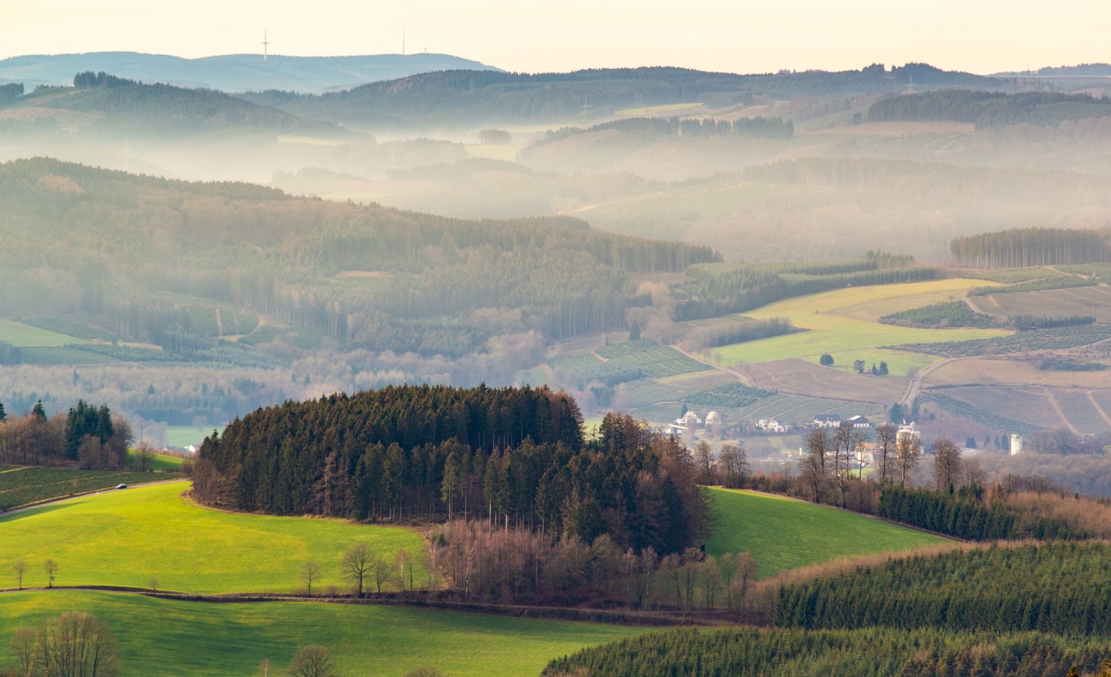 Weite Hügellandschaft im Sauerland mit Wiesen und Wäldern rund um den Kahlen Asten bei warmem Abendlicht