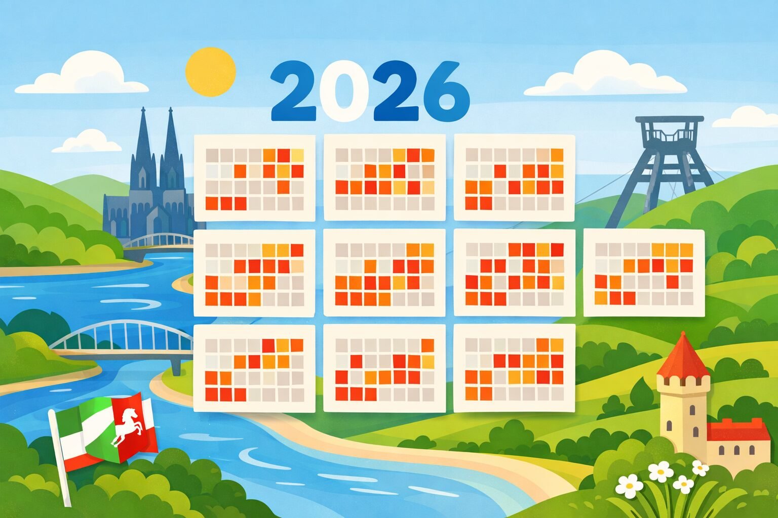 Illustration eines Kalenders 2026 mit markierten Feiertagen und typischen Landschaftselementen aus Nordrhein-Westfalen