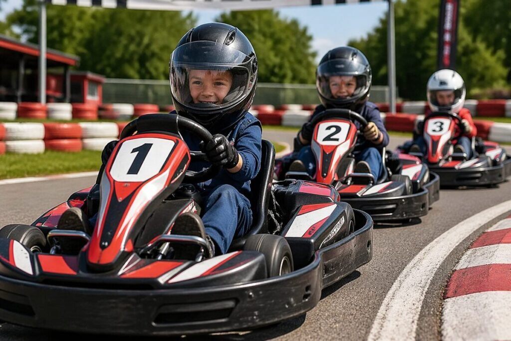 Kinder fahren Go-Kart auf einer Rennstrecke mit Helmen und Sicherheitsausrüstung