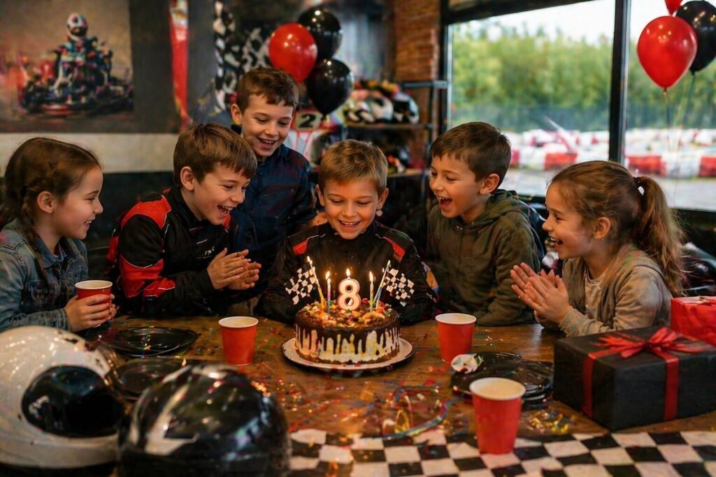 Kinder feiern einen Geburtstag auf einer Kartbahn mit Kuchen, Helmen und Rennsport-Dekoration