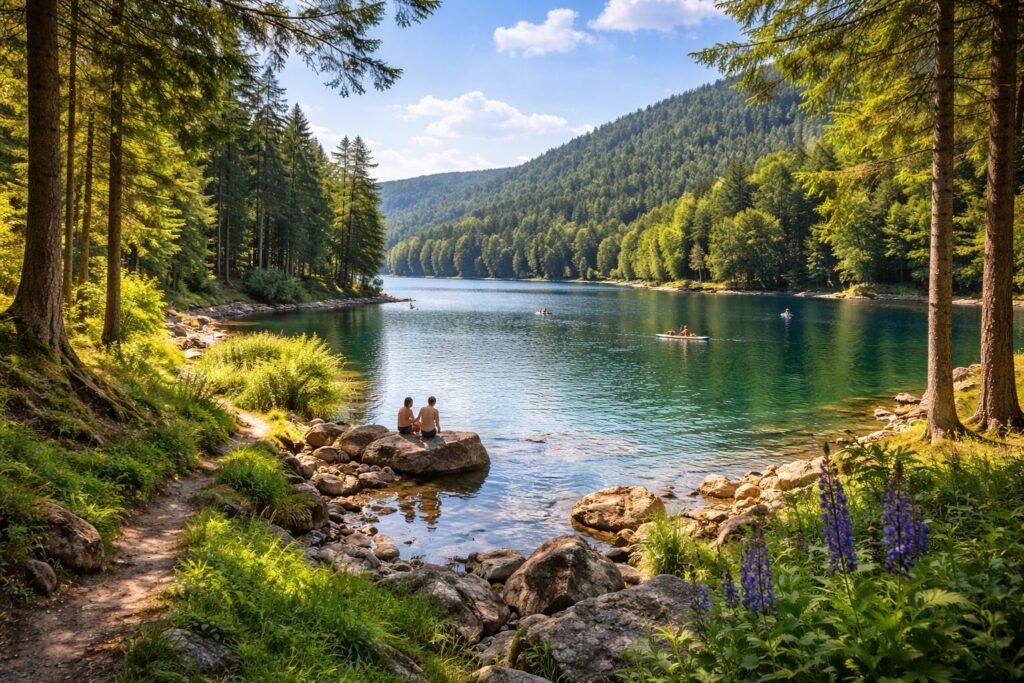 Natürlicher See in NRW umgeben von Wald, klarem Wasser und ruhiger Landschaft an einem sonnigen Tag