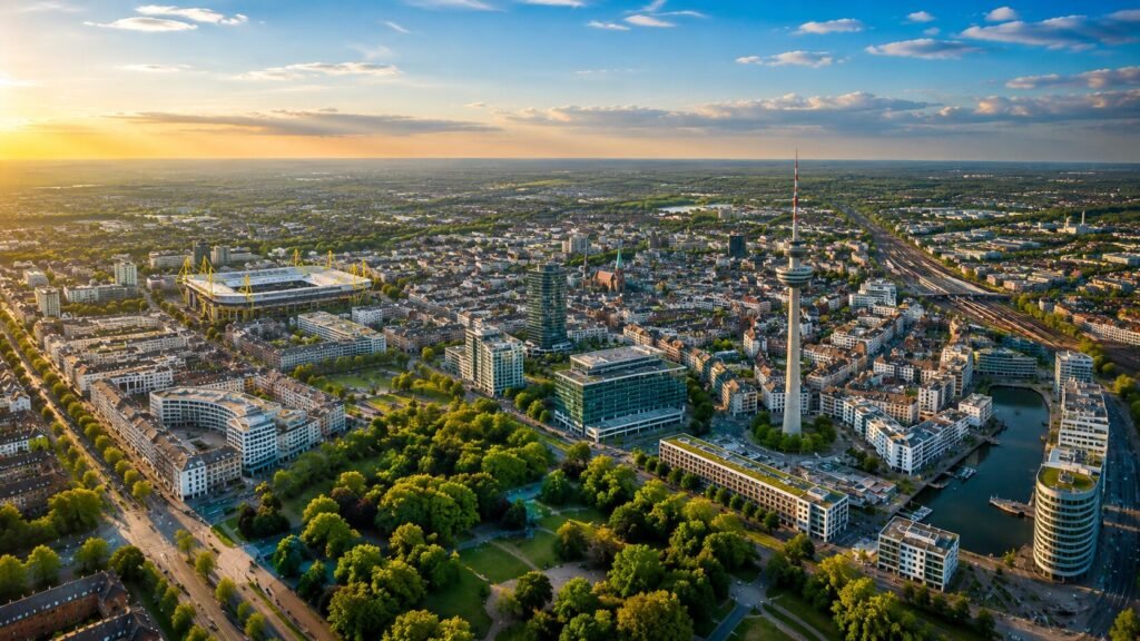 Luftaufnahme von Dortmund bei Sonnenuntergang mit Skyline, Parks und modernem Stadtbild