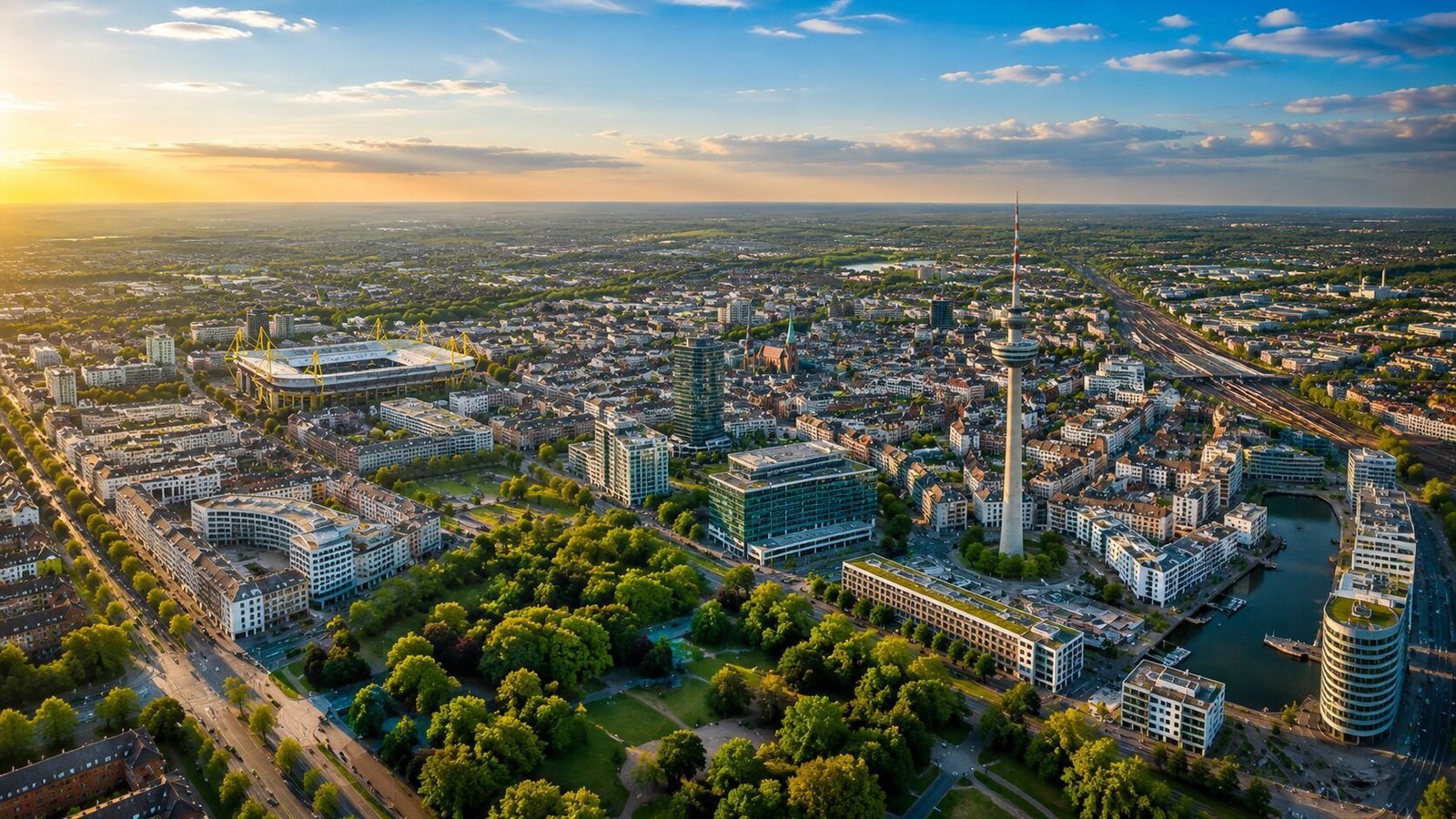 Luftaufnahme von Dortmund bei Sonnenuntergang mit Skyline, Parks und modernem Stadtbild