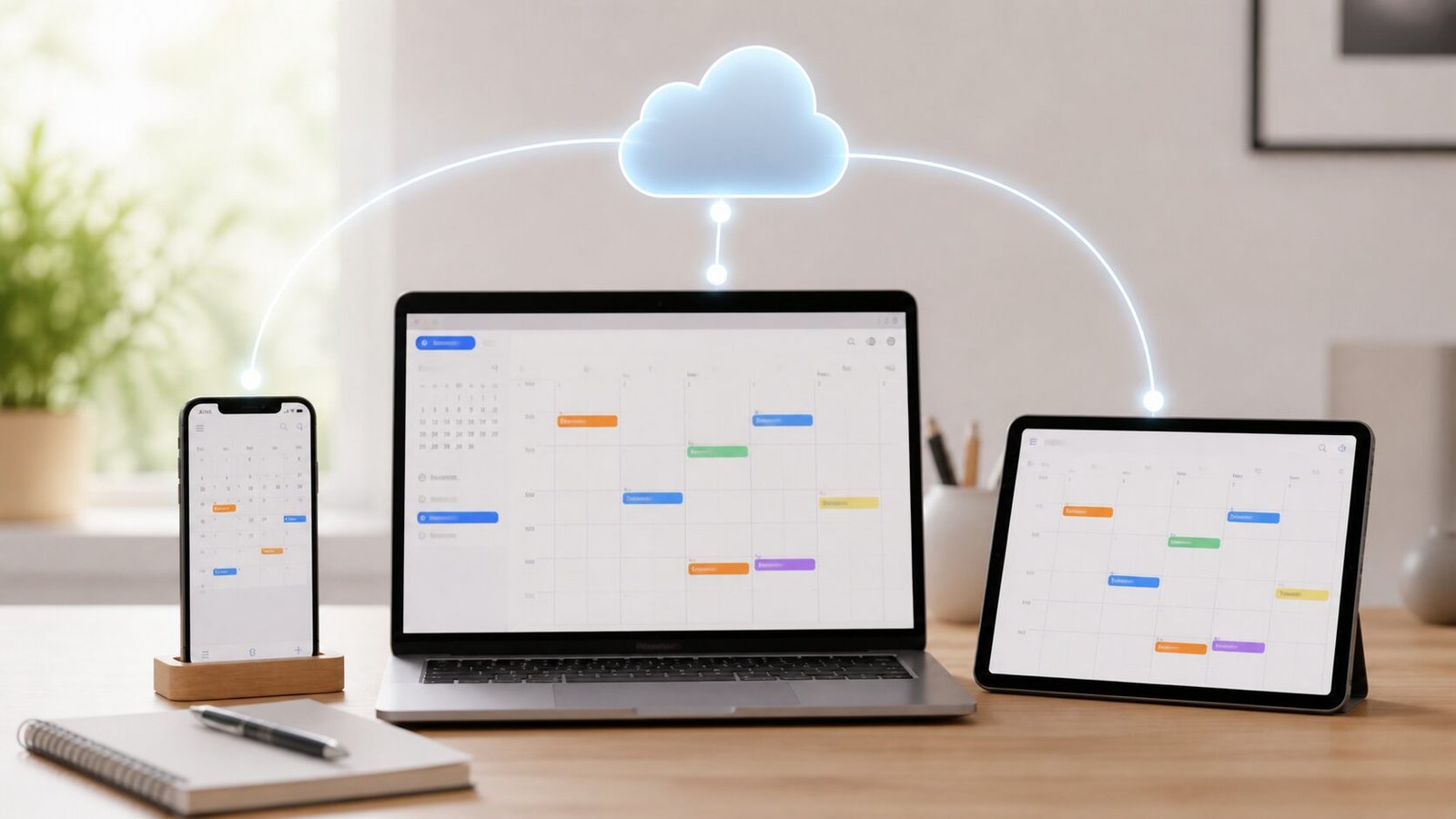 Moderner Arbeitsplatz mit Laptop, Tablet und Smartphone, die synchronisierte Kalender auf mehreren Geräten anzeigen