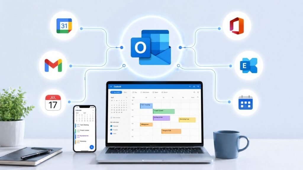 Laptop und Smartphone mit Outlook-Kalender, verbunden mit verschiedenen Systemen wie E-Mail und Kalenderdiensten