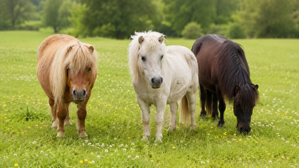 Drei kleine Ponys stehen auf einer grünen Wiese mit Wildblumen und grasen friedlich in einer natürlichen Landschaft ohne Gebäude.
