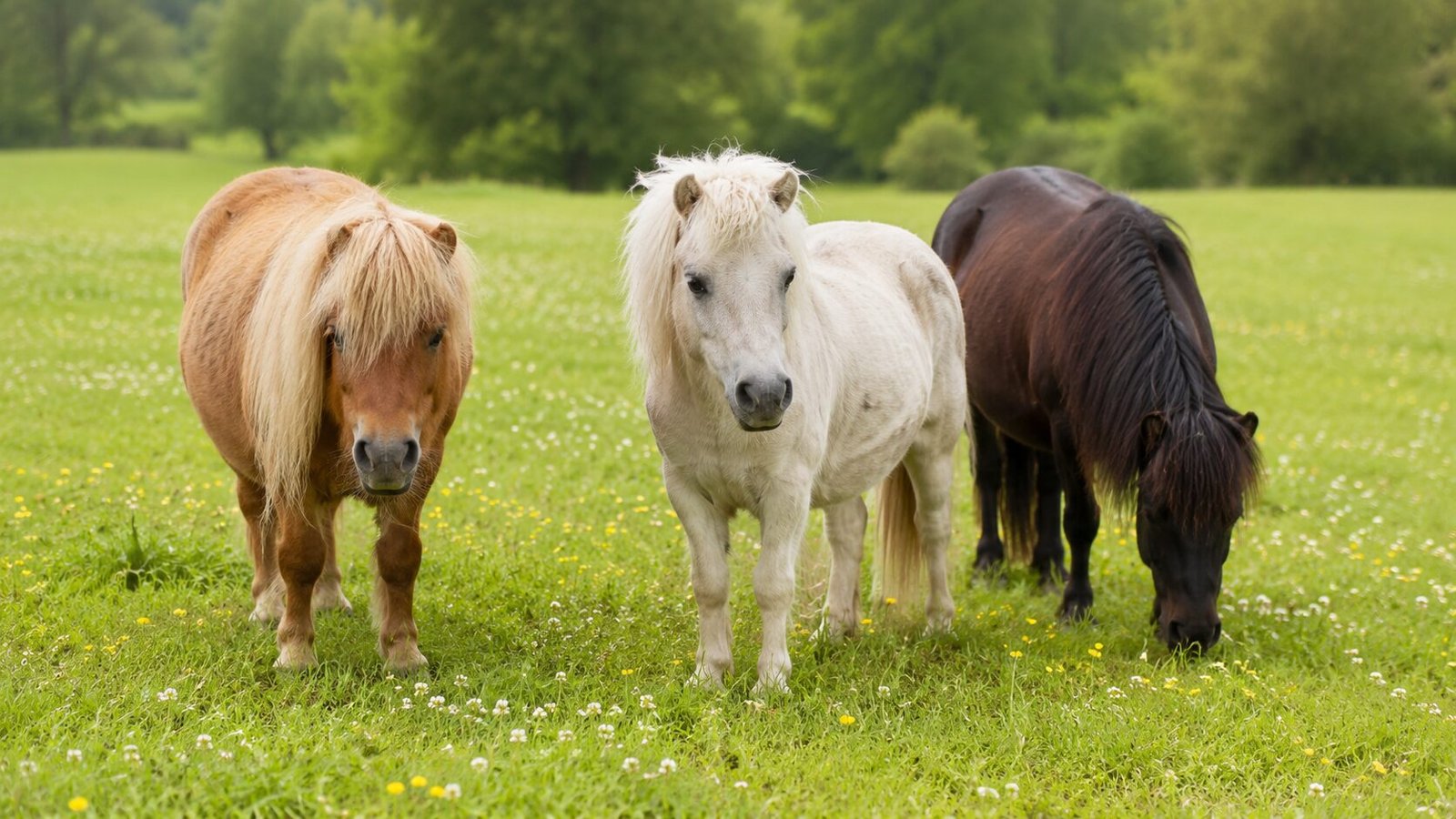 Drei kleine Ponys stehen auf einer grünen Wiese mit Wildblumen und grasen friedlich in einer natürlichen Landschaft ohne Gebäude.
