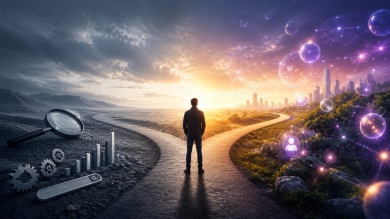 Symbolisches 16:9-Bild zum Wandel von SEO zu GEO mit geteilter Landschaft zwischen klassischer Suchmaschinenoptimierung und KI-gestützter generativer Suche.