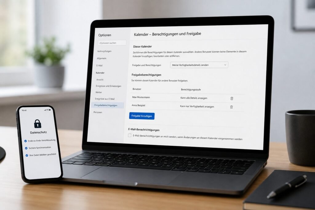 Laptop und Smartphone mit Kalender- und Datenschutzeinstellungen auf einem modernen Arbeitsplatz