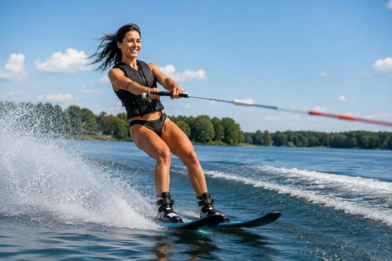 Frau beim Wasserskifahren Langenfeld auf einem sonnigen See mit spritzendem Wasser und blauem Himmel
