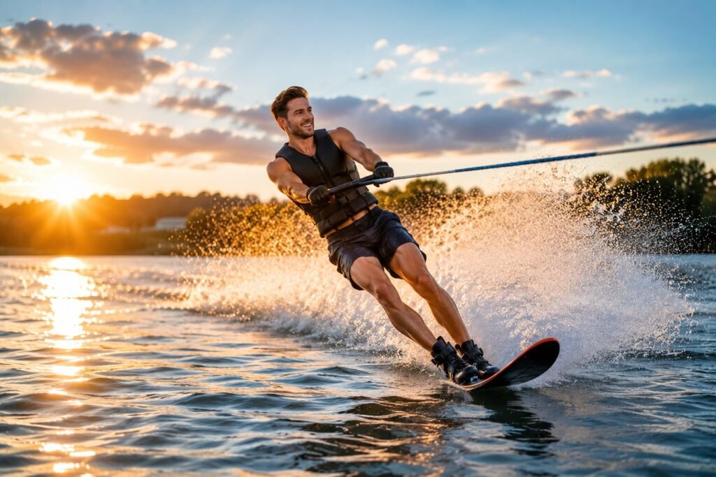 Mann beim Wasserskifahren auf einem See während eines goldenen Sonnenuntergangs mit spritzendem Wasser**