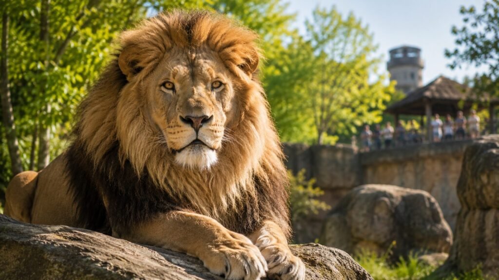 Majestätischer Löwe im Zoo Dortmund in naturnaher Umgebung
