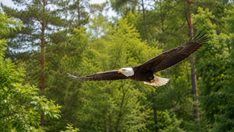 Adler im freien Flug zwischen grünen Bäumen in einer natürlichen Waldlandschaft auf der Adlerwarte Berlebeck in Nordrhein-Westfalen