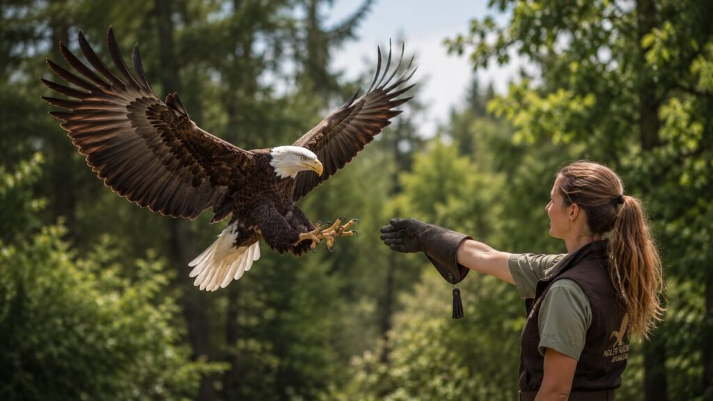 Adler im Anflug auf einen Falkner bei einer Flugvorführung in einer naturnahen Adlerwarte