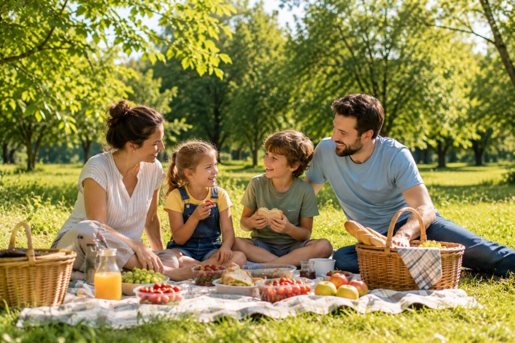 Familie mit zwei Kindern bei einem Picknick auf einer Wiese an einem sonnigen Tag inmitten grüner Bäume