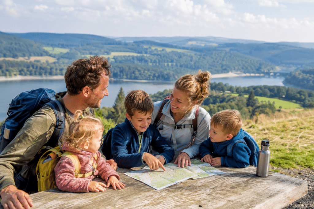 Familie mit drei Kindern plant einen Ausflug in der Natur mit Blick auf See und Hügellandschaft in NRW