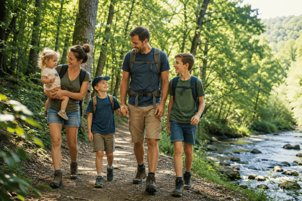 Familie mit drei Kindern unterschiedlichen Alters wandert gemeinsam durch die Natur an einem Bach entlang