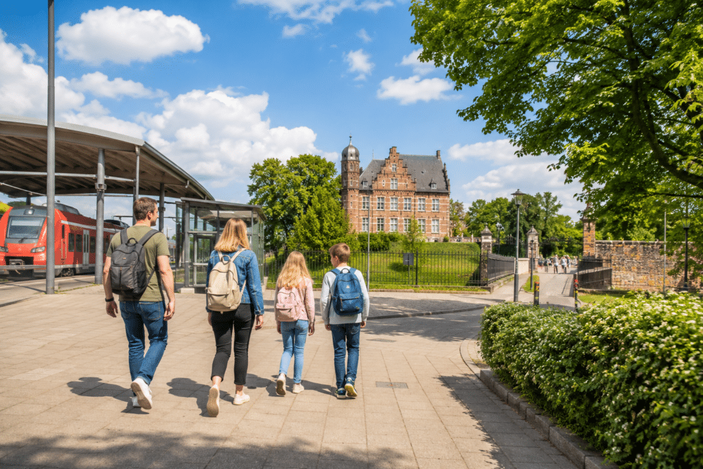 Familie geht vom Bahnhof über einen kurzen Fußweg zu einem historischen Ausflugsziel in NRW