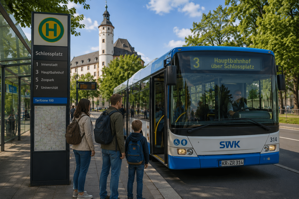 Familie wartet an einer Haltestelle auf einen Bus für den kurzen Umstieg zu einem Ausflugsziel in NRW