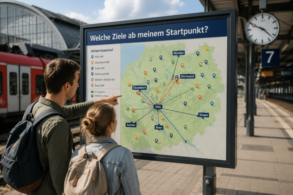 Zwei Reisende planen an einem Bahnhof mit Karte und Regionalzug passende Ausflugsziele in NRW ab ihrem Startpunkt