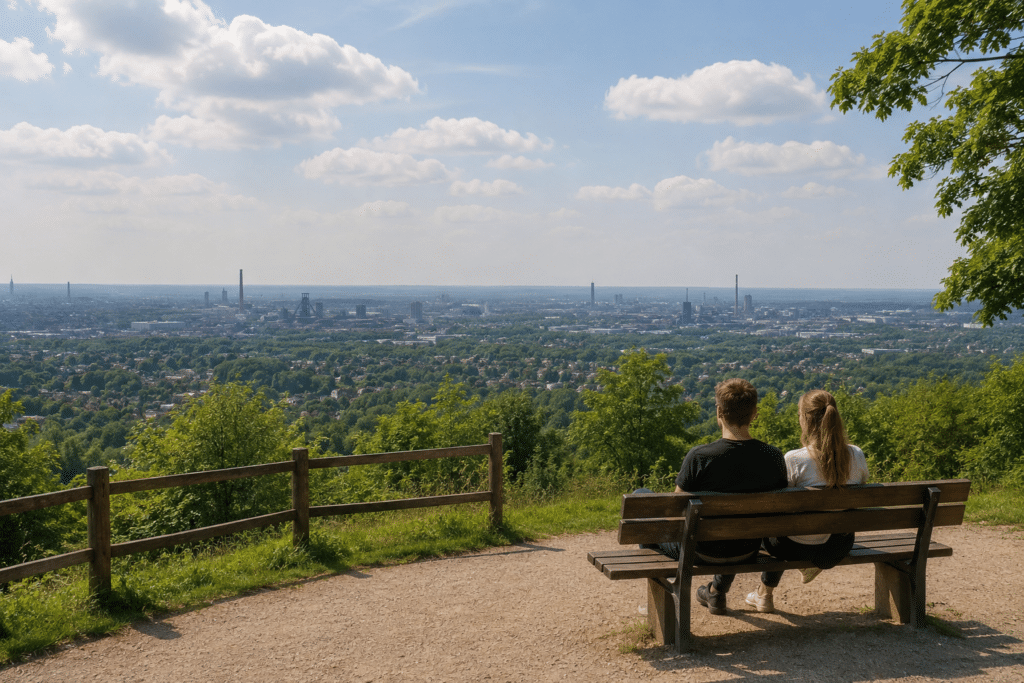 Paar auf einer Bank mit weitem Ausblick über grüne Stadtlandschaften und Industrieanlagen im Ruhrgebiet