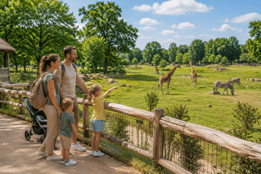 Familie mit zwei Kindern beobachtet Giraffen und Zebras in einem Safaripark