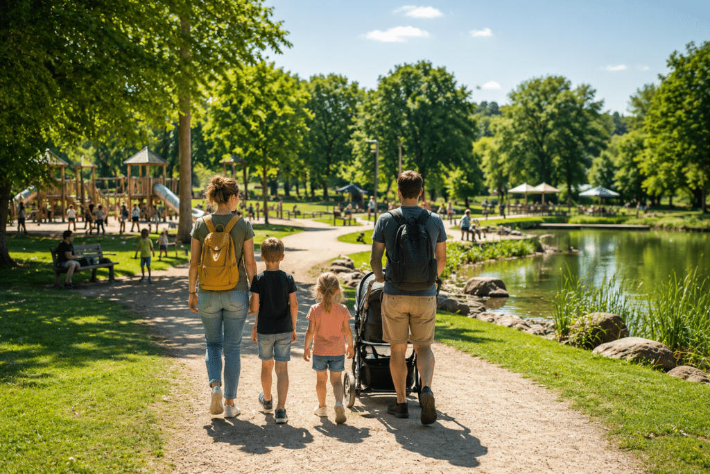 Familie mit zwei Kindern und Kinderwagen unterwegs in einem familienfreundlichen Park
