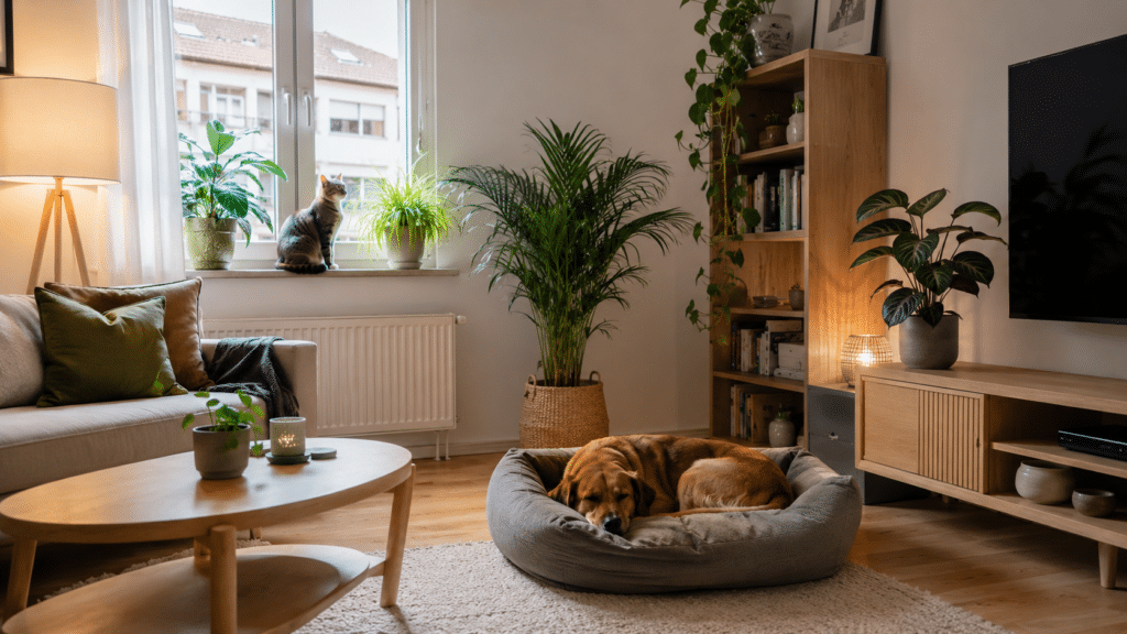 Hund ruht in einem stilvollen Hundebett, während eine Katze auf der Fensterbank eines hellen modernen Wohnzimmers sitzt.