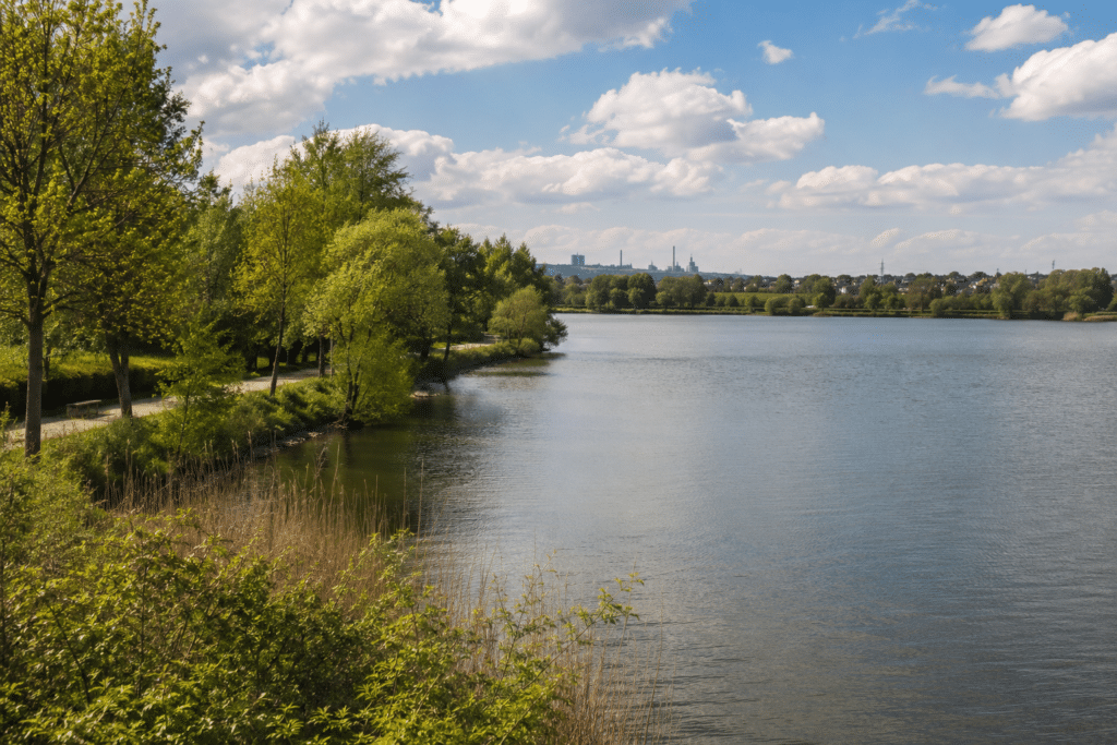 Ruhiger See mit Bäumen und Uferweg im Ruhrgebiet, im Hintergrund Wohngebiete und Industrieanlagen
