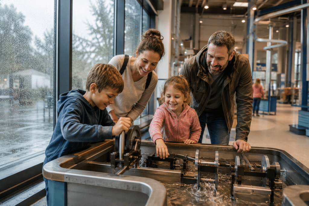Familie entdeckt eine interaktive Wasserausstellung im Museum bei Regen als günstiges Ausflugsziel in NRW