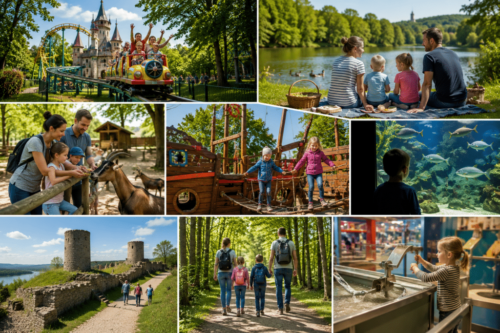 Collage mit Familienausflügen in NRW, darunter Spielplatz, Tierpark, See, Waldweg, Burg und Museum für Kinder