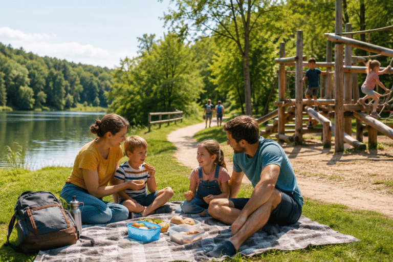 Familie macht Picknick an einem See in NRW neben einem Spielplatz als günstiger Ausflug mit Kindern