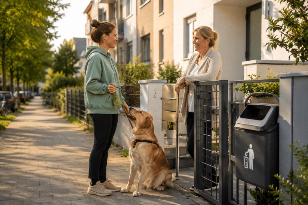Zwei Nachbarinnen unterhalten sich freundlich vor einem Mehrfamilienhaus, während ein Golden Retriever ruhig neben seiner Halterin sitzt.