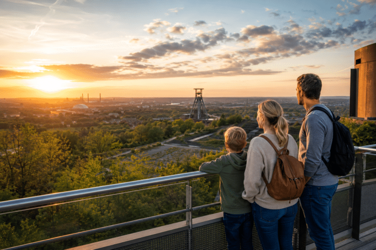 Familie blickt von einem Aussichtspunkt auf grüne Landschaft und Industriekultur im Ruhrgebiet bei Sonnenuntergang