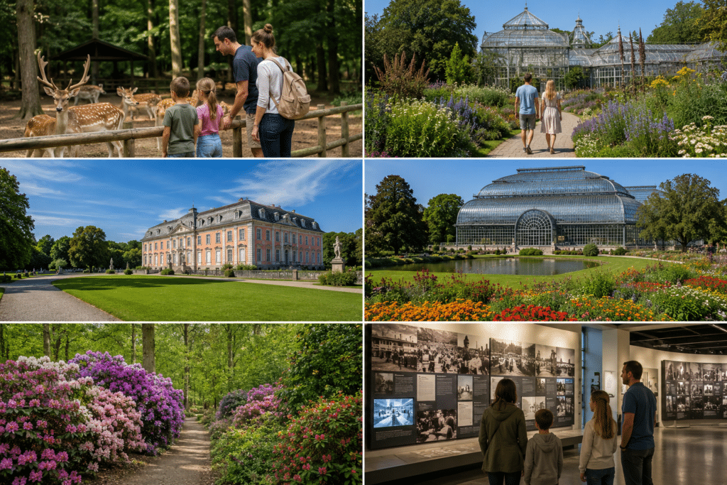 Collage mit kostenlosen Ausflugszielen im Rheinland, darunter Wildpark, Botanischer Garten, Schlosspark Benrath, Flora Köln und Museum