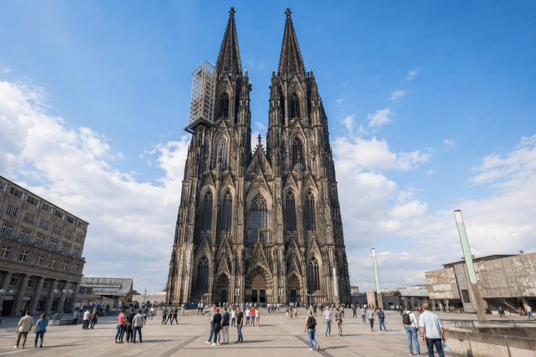 Frontansicht des Kölner Doms mit seinen beiden Türmen und Besuchern auf der Domplatte bei blauem Himmel