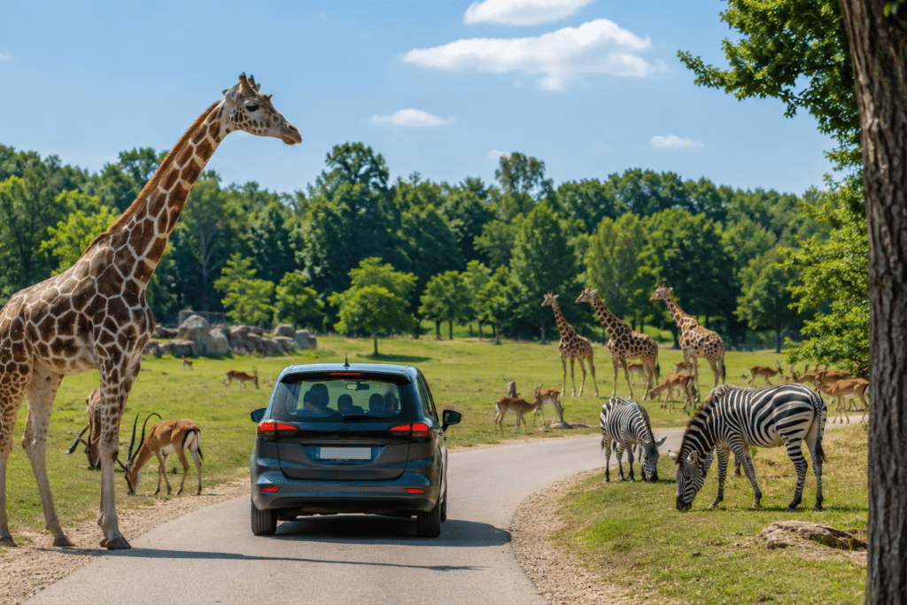 Familienauto fährt durch einen Safaripark mit Giraffen, Zebras und Antilopen