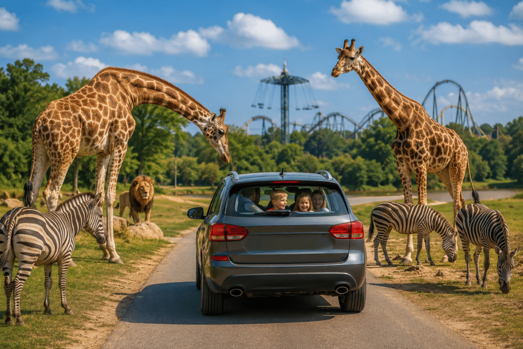 Familie fährt mit dem Auto durch einen Safaripark mit Giraffen, Zebras und einem Löwen