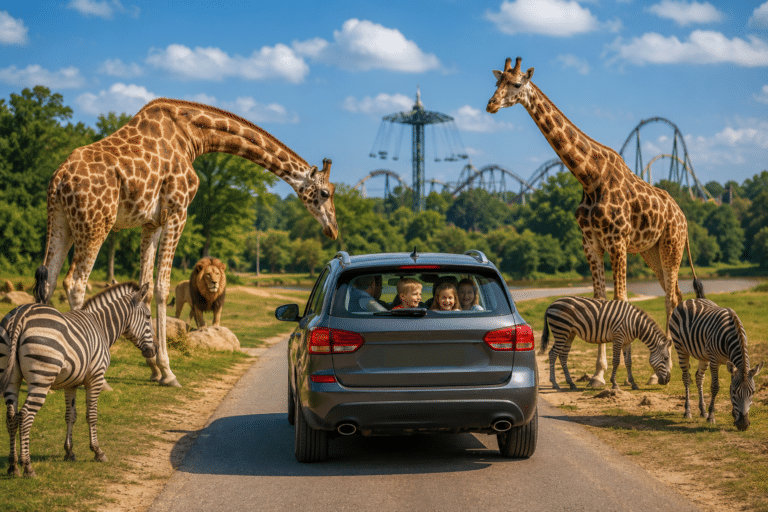 Familie fährt mit dem Auto durch einen Safaripark mit Giraffen, Zebras und einem Löwen