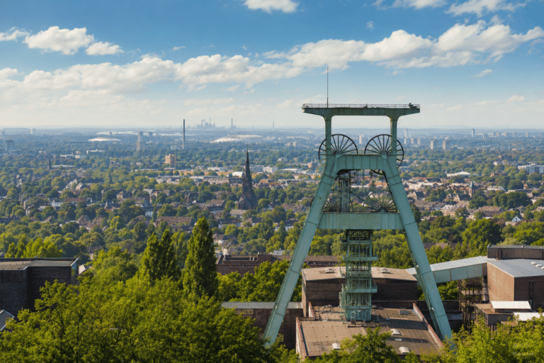 Förderturm vor einer grünen Stadtlandschaft im Ruhrgebiet mit weiter Aussicht über die Region
