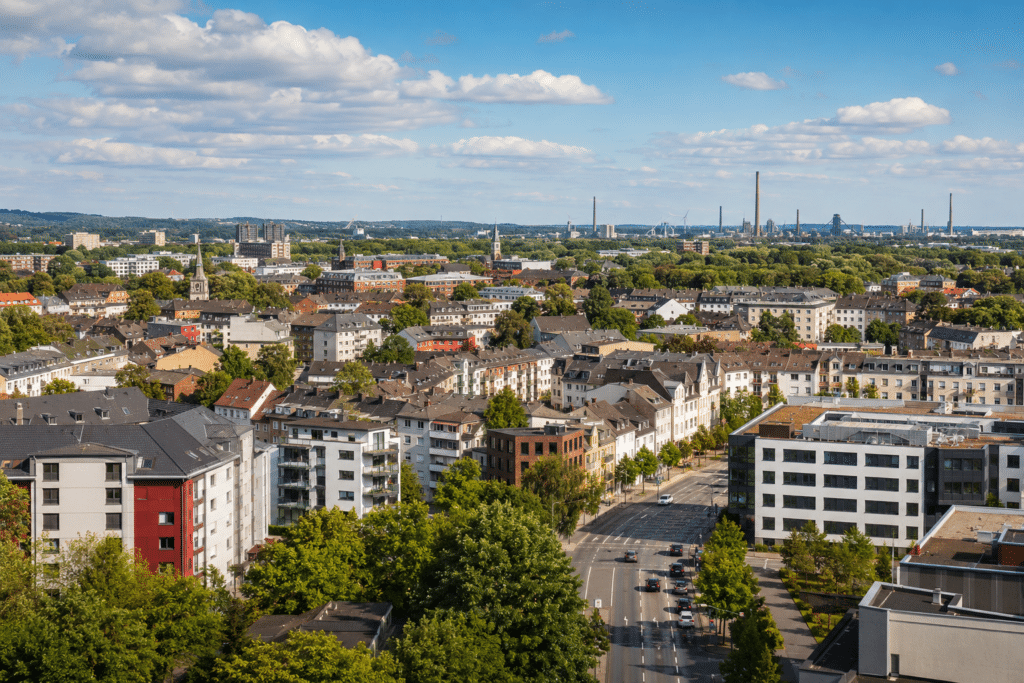 Urbane Stadtlandschaft im Ruhrgebiet mit Wohnhäusern, Straßen, Grünflächen und Industrieanlagen