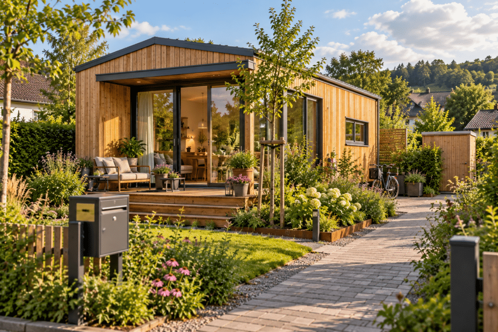 Modernes Tiny House in NRW auf kleinem erschlossenem Grundstück mit Terrasse, Garten und Briefkasten