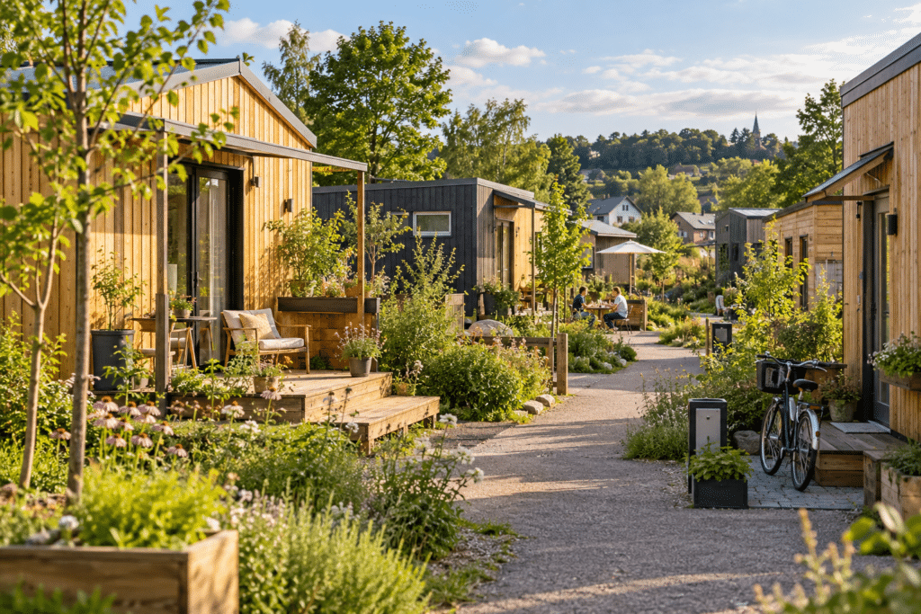 Moderne Tiny-House-Siedlung in NRW mit kleinen Holzhäusern, Gärten und autofreiem Weg
