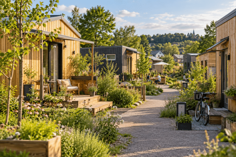 Moderne Tiny-House-Siedlung in NRW mit kleinen Holzhäusern, Gärten und autofreiem Weg